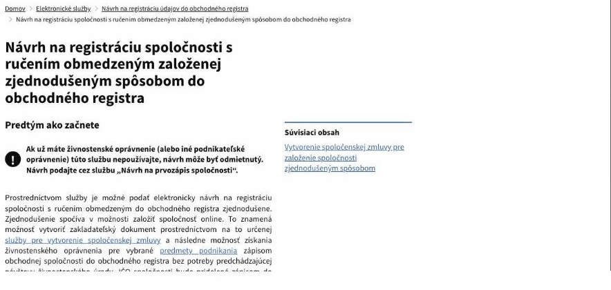 Úvodná obrazovka návrhu na registráciu s upozornením, že službu nemajú používať držitelia živnostenského oprávnenia.