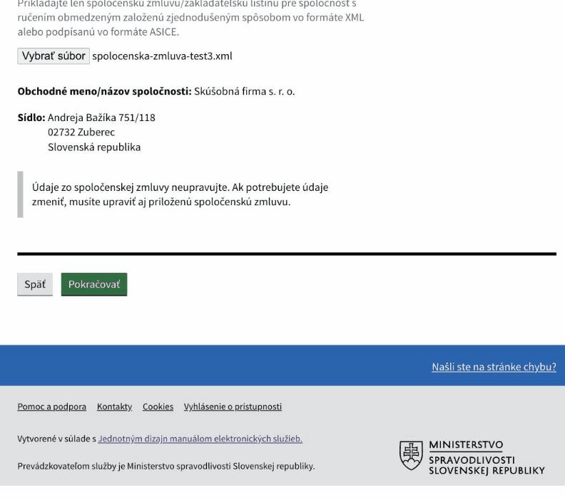 Krok 1 návrhu – priložená spoločenská zmluva s prehľadom obchodného mena a sídla.