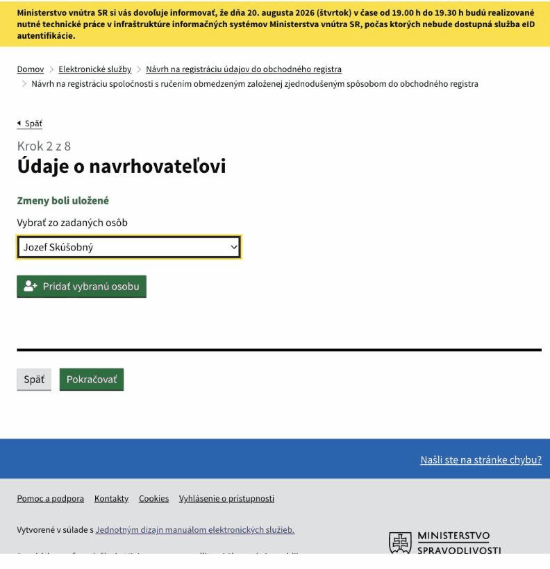 Krok 2 návrhu – rozbaľovacie pole Vyberte osobu s menom zo spoločenskej zmluvy.