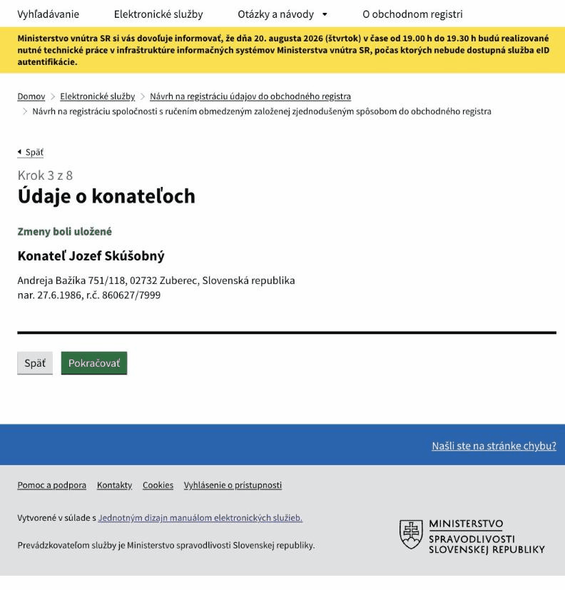 Kroky 3 a 4 návrhu – prehľad konateľov a spoločníkov prevzatých zo zmluvy.