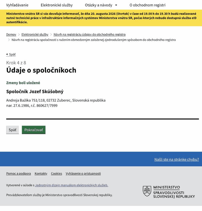 Krok 4 návrhu – prehľad spoločníkov prevzatých zo zmluvy.
