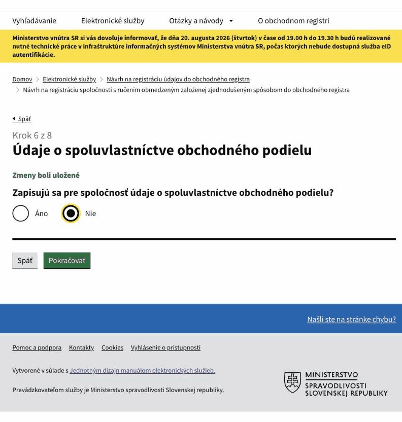 Krok 6 návrhu – otázka na spoluvlastníctvo obchodného podielu.
