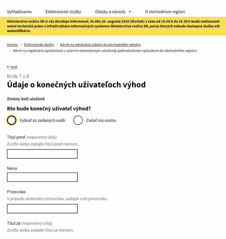 Krok 7 návrhu – formulár osoby konečného užívateľa výhod s titulmi, menom a adresou.