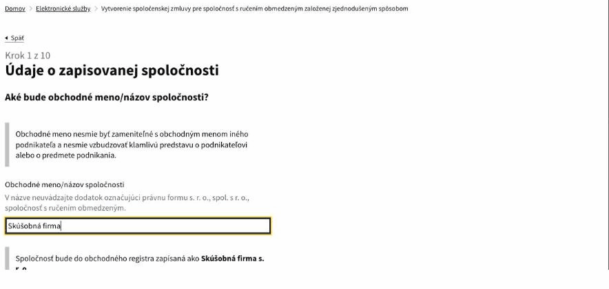 Krok 1 – pole obchodné meno s automatickým doplnením dodatku s. r. o.