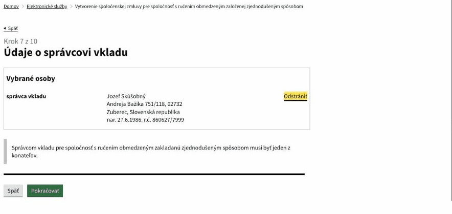 Krok 7 – výber správcu vkladu z konateľov.