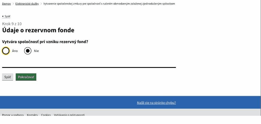 Krok 9 – otázka na rezervný fond s možnosťami Áno a Nie.